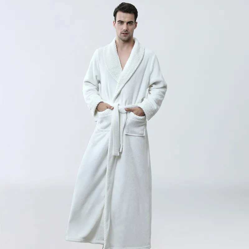Popular Mens Sleeping Robe Autumn and Winter Coral Fleece Bathrobe Solid Color Soft Mens Bathrobe Coral Long Home Clothes Y240919