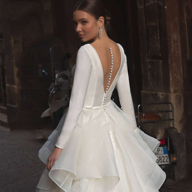 Simple A E Wedding Dresses Multilayered Ruffles Long Sleeves Bridal Gowns Custom Made V Neck Button Vestido De Novia