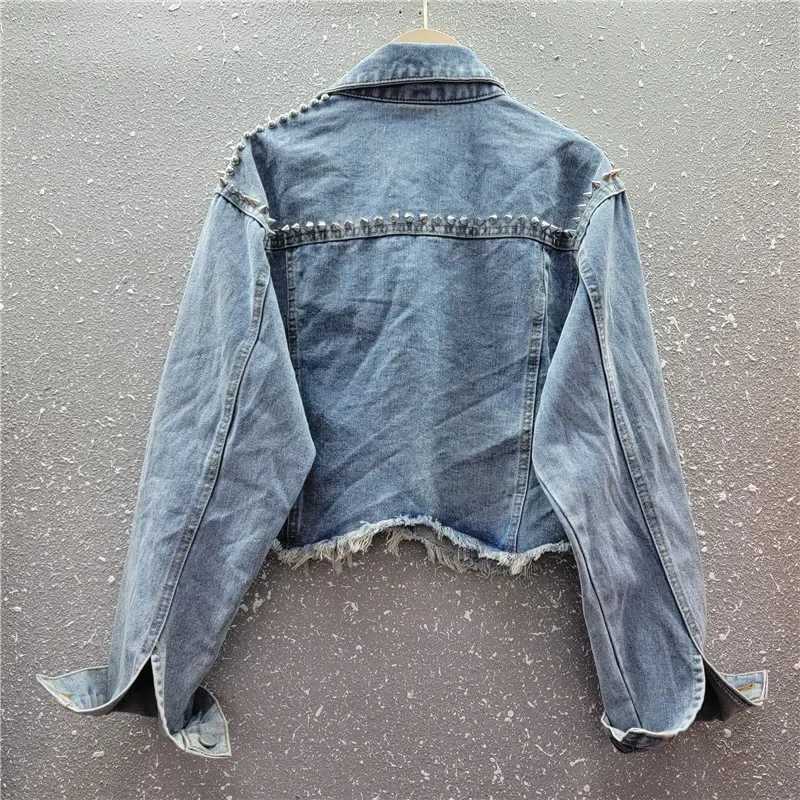 Chic Rainbow Color Diamonds Beaded Denim Jacket Ripped Rivets Sequined Jeans Bomber Jacket Crystal Rhinestones Cowboy CardiganX240920