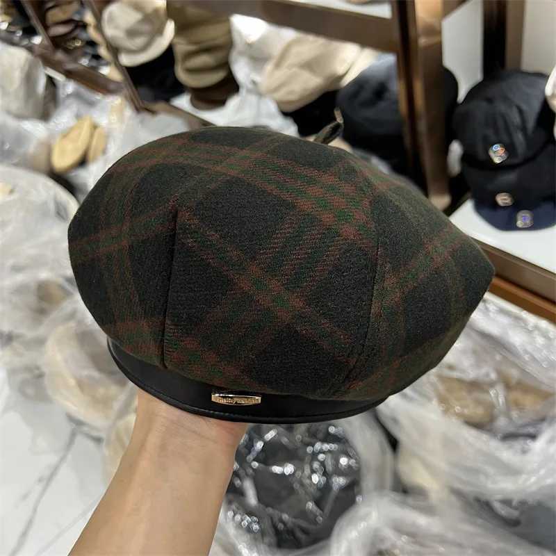 Big head leather edge beret female British retro plaid woolen octagonal hat versatile painter hat femaleX240919