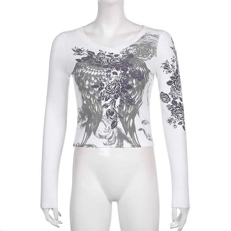 Womens Streetwear Long Sleeve T-shirt Vintage Feather Wing Flower Printed Round Neck Tops Spring Autumn Slim Fit Basic Tops M240920