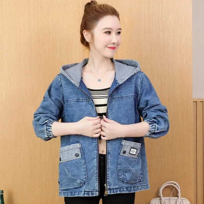 Womens Loose Denim Coat Korean Style Hooded Long Sleeve Jacket Woman 2024 Spring Autumn Vintage Casual Jean Tops MujerX240920