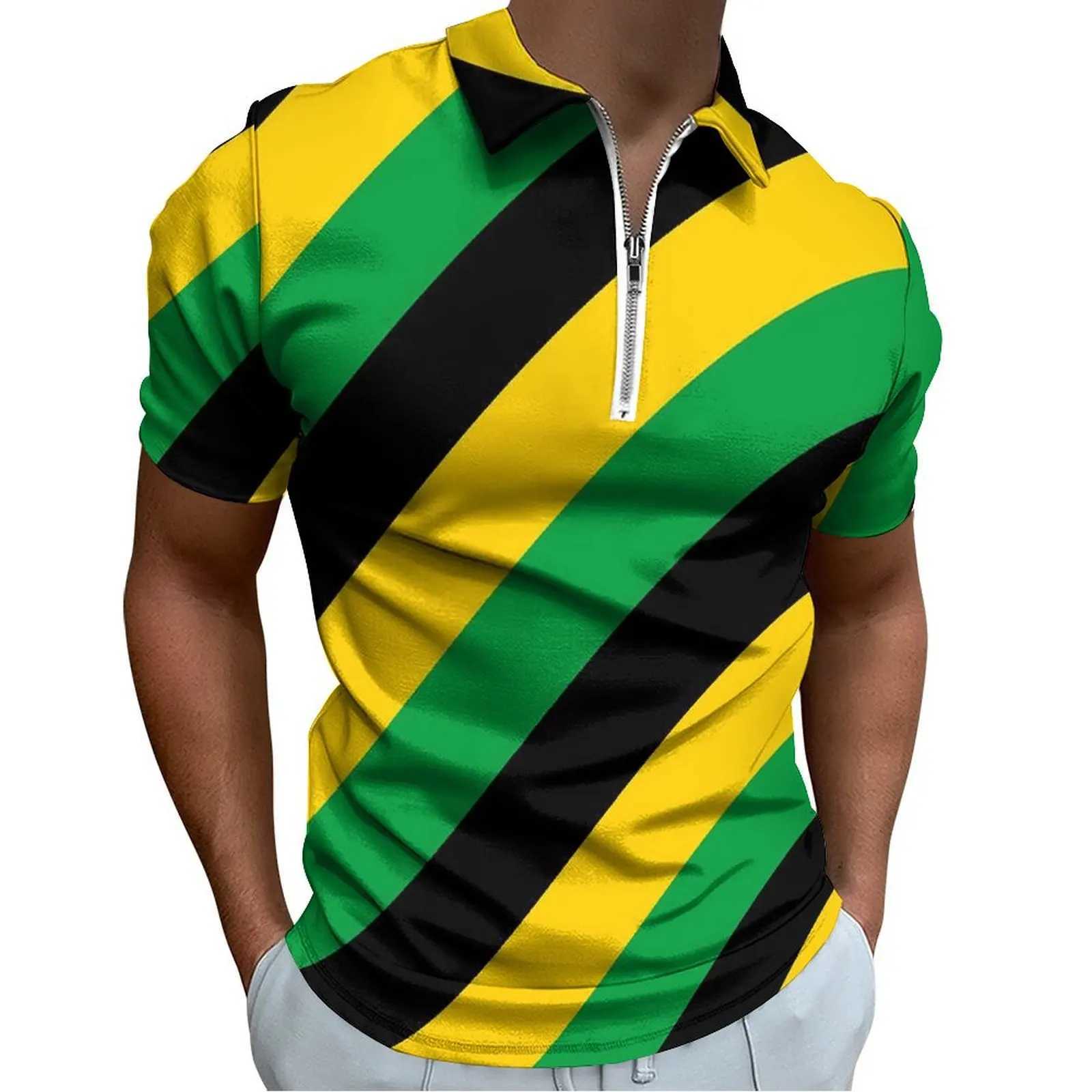 Jamaica Flag Colors Polo Shirts Diagonal Striped Casual Shirt Summer Trending Male Short-Sleeve Zipper Graphic T-ShirtsX240920