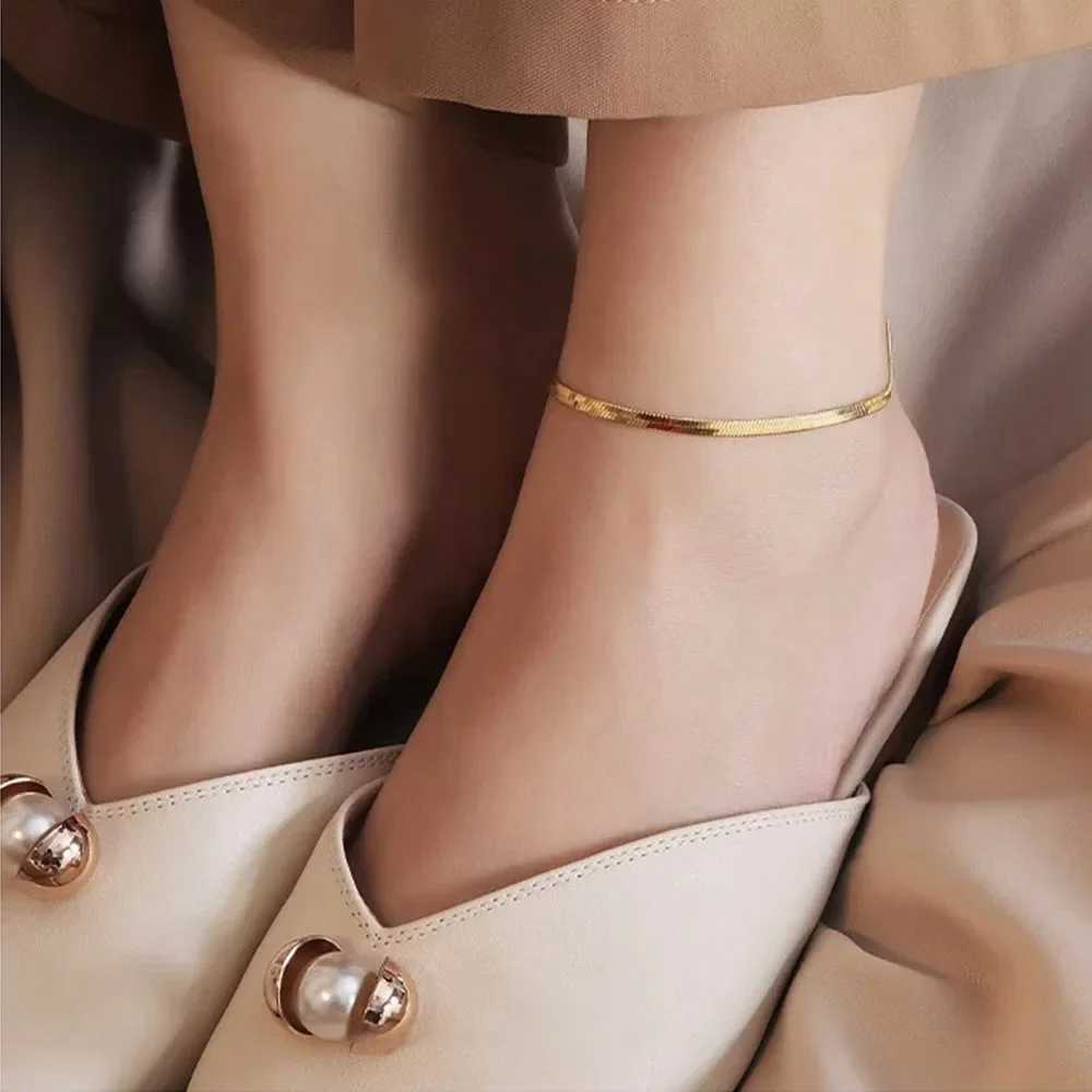 Simple Plain Chain Women Anklets 4mm Flat Snake Chains Stainless Steel Leg Anklet Foot Links for Girls Party ankle Foot bracelet Y240920
