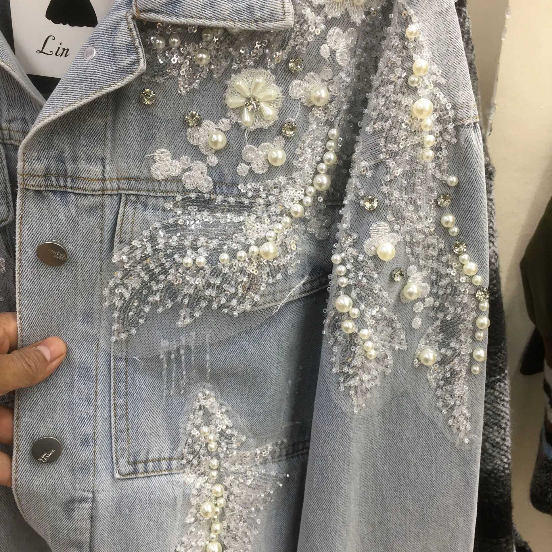 Women Pearls Beaded 3D Floral Lace Embroidery Sequin Denim Coat Flowers Diamonds Distressed Jeans Jacket Cowboy Cardigan TopsX240920