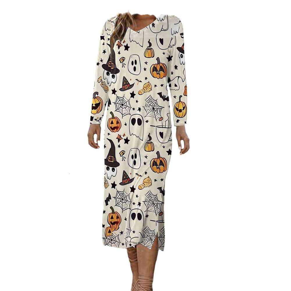 Hallowmas Halloween print 2024 new fashionable casual versatile mid length dress for women