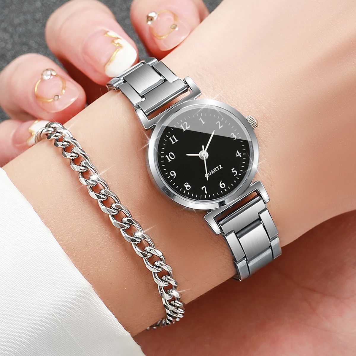 2PC/Set Womens Silver Steel Band Watch Small Head Stainless Steel Quartz Watch With Bracelet SetX240920