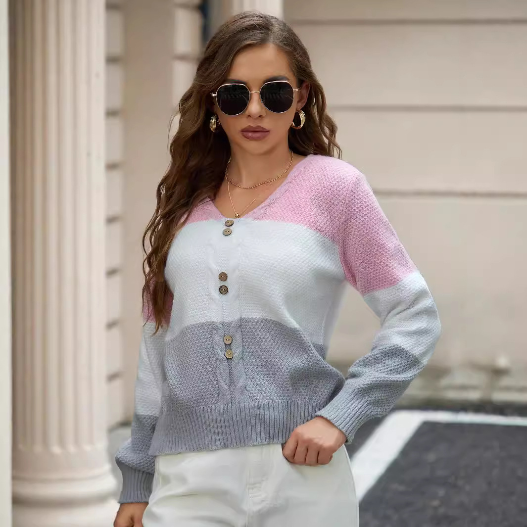 Women's V-neck long sleeved fake button color blocked pullover knitted sweater top F0920#40 4c5e1
