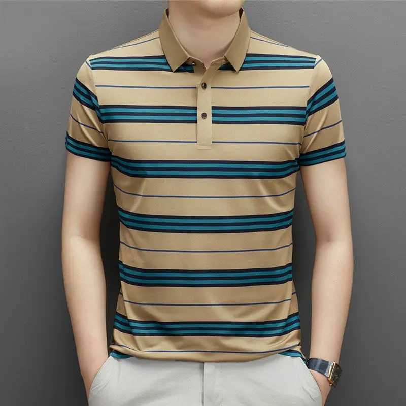 Summer Smart Casual Short Sleeved Polo Shirt Mens Lapel Button Print Casual Stripes Ice Silk Seamless Loose Versatile Thin TopX240920