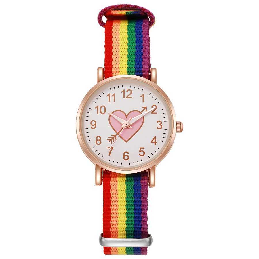 Fashion popular new girls quartz watch rainbow color canvas strap womens watch wholesaleX240920