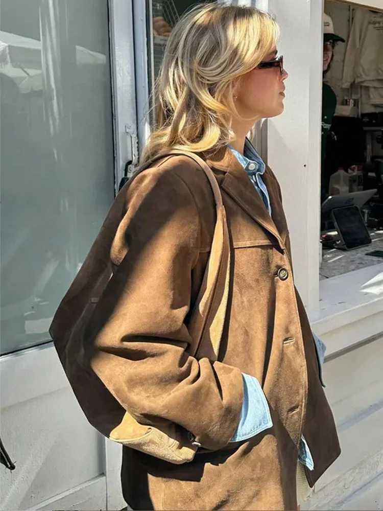 Retro Brown Lapel Womens Jacket Casual Single Breasted Pocket Long Sleeve Short Coat 2024 Lady Fall High Street New In OutwearsX240920