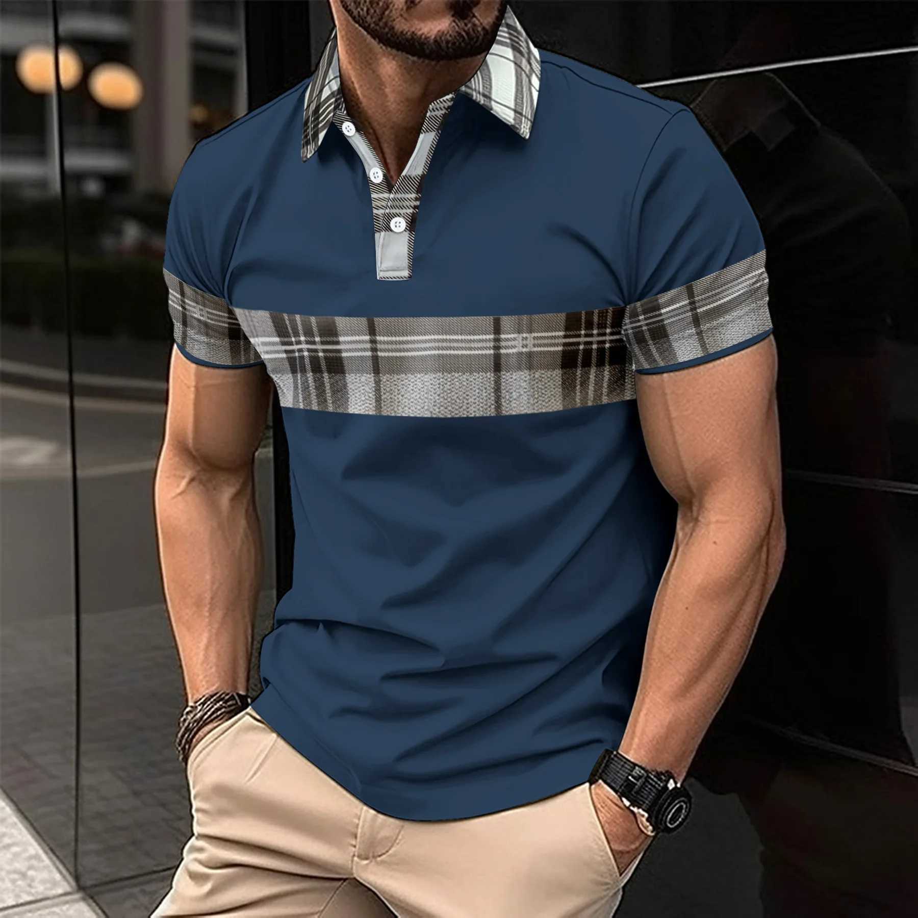 Summer new mens fashion casual polo shirt short sleeve striped button Waffle T-shirt breathable topX240920