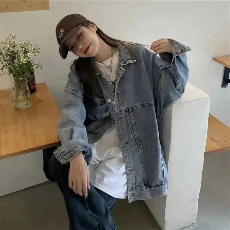 Spring Autumn Womens Oversize Loose-fit Hidden Top Vintage Hongkong Style Trendy Clothing Denim JacketX240920
