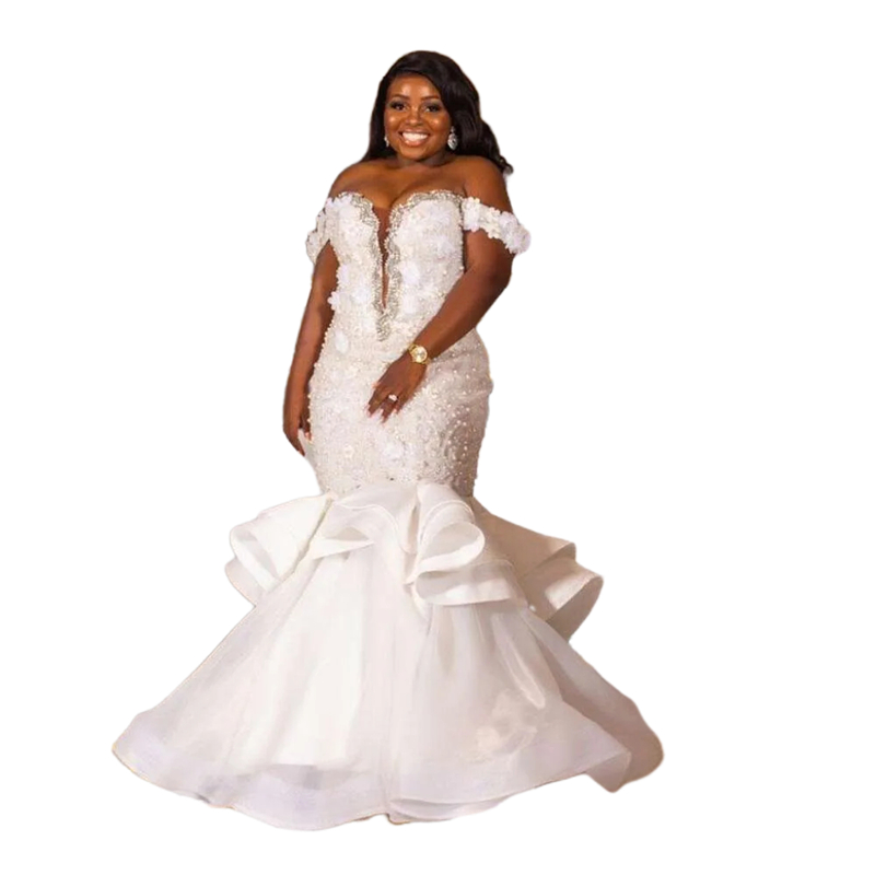 African Elegant Lace Mermaid Wedding Dresses With 3D Floral Appliques Crystal Pearls Beaded Off Shoulder Corset Plus Size Bridal Gowns Court Train