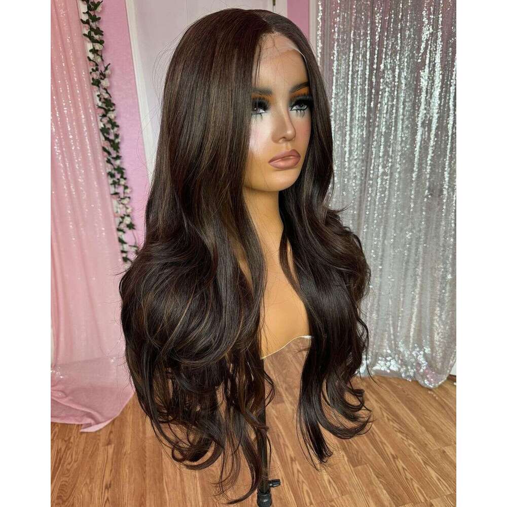 Dark Brown Blonde Synthetic Hair Long Wavy Pre Plucked 13X4 Lace Front For Black Women Glueless 180Density Daily Wear Wigs