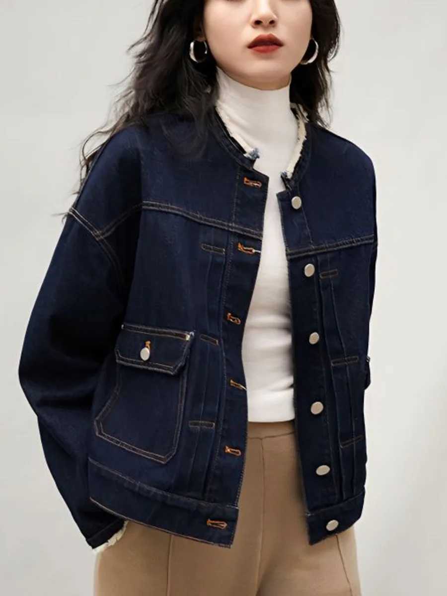Women Retro Short Denim Jacket 2024 Deep Blue Spring Autumn Rough Edge Casual Long Sleeved Single Breasted Streetwear TopX240920