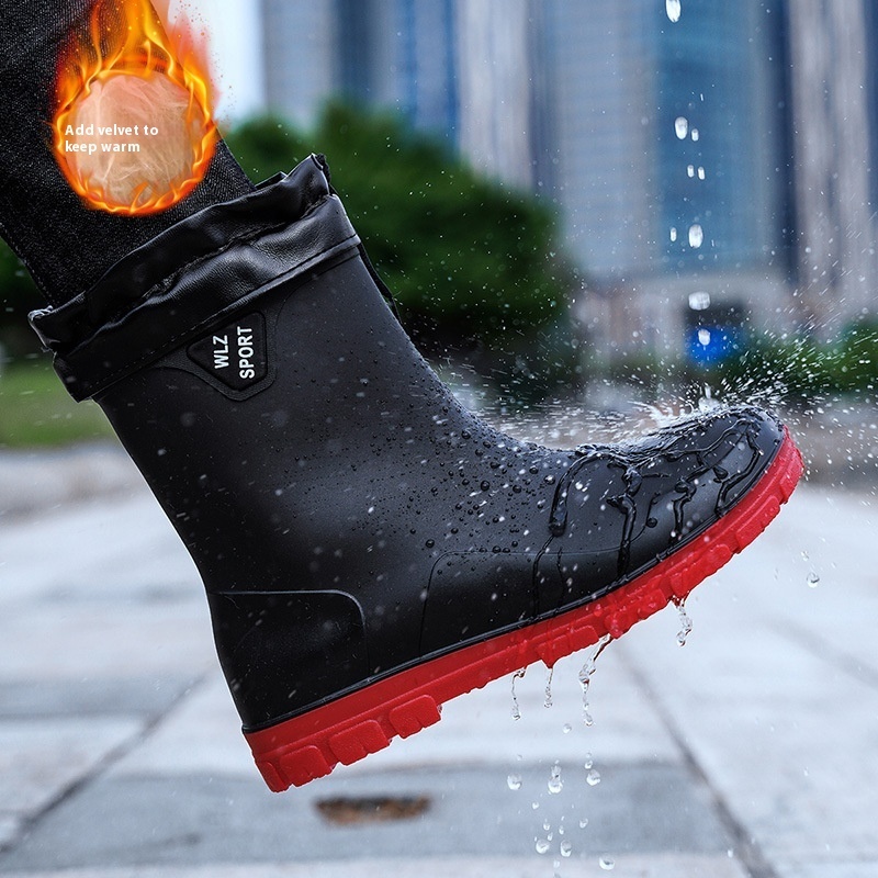 High top elastic band with plush rain fashionable outdoor wear, dad water shoes, warm waterproof men's cotton shoes for autumn and winter