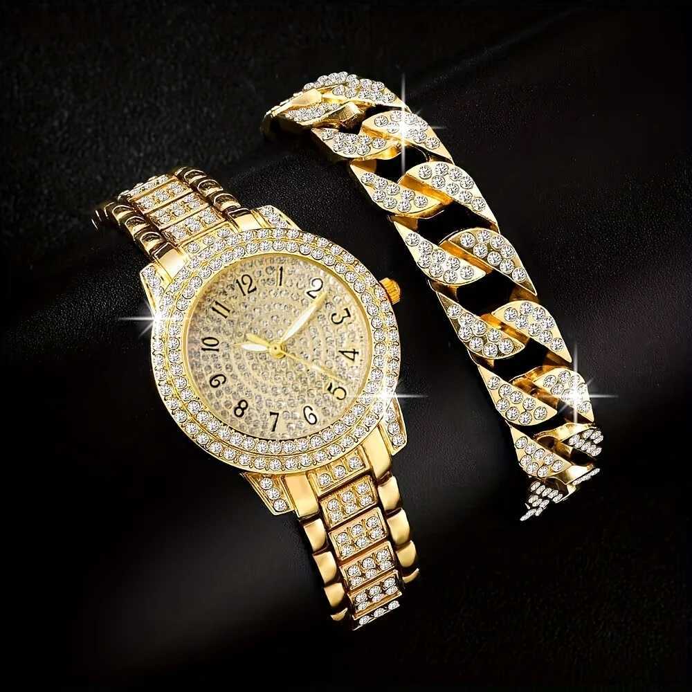 2pcs/set Womens Watch Luxury Golden Rhinestone Quartz Watch Hiphop Fashion Analog Wrist Watch Bracelet Gift For Mom HerX240920
