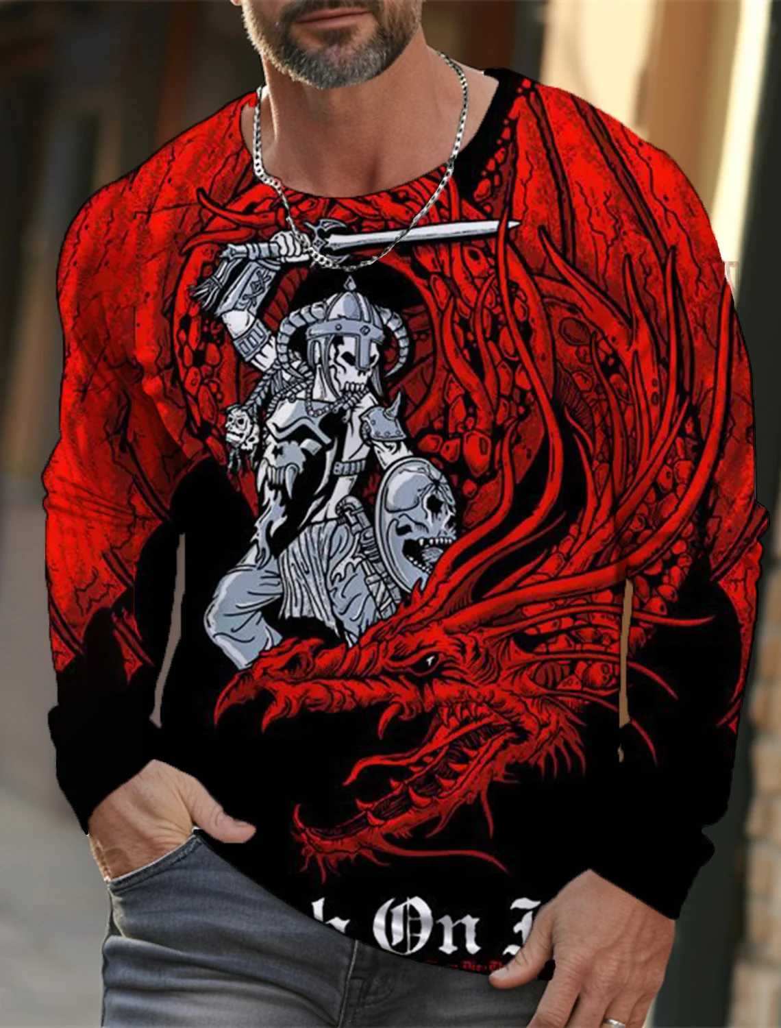 2024 new mens long-sleeved T-shirt 3D printing high-definition skull print mens autumn tops casual round neck home clothesX240919