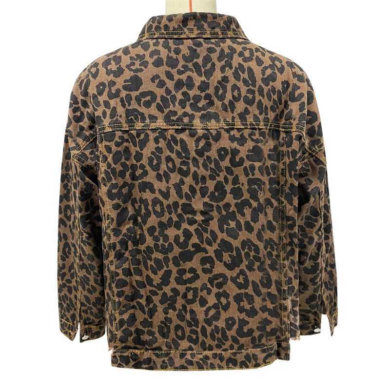 Women Fashion Chic Leopard Print Denim Jacket Autumn New Lapel Cardigan Coat Casual Outerwear Female Urban Office Commuter WearX240920