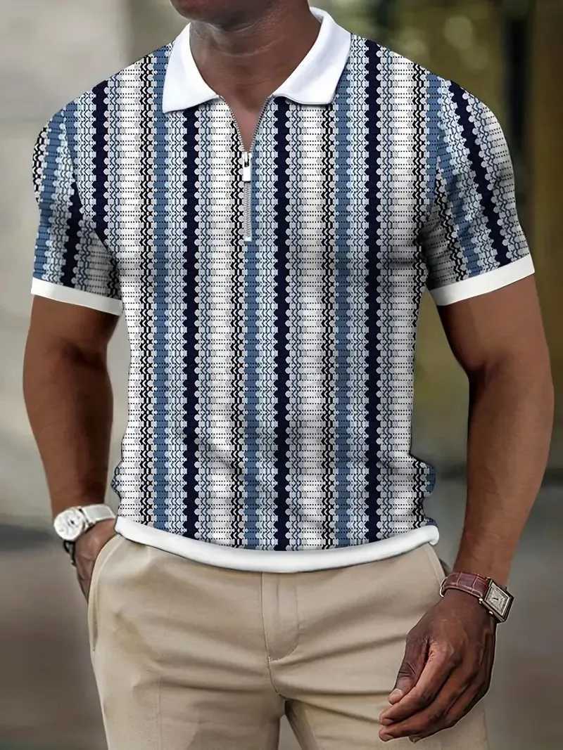 Mens Summer New Striped Polo Shirt Short-sleeved Lapel Zip T-shirt Mens Casual Streetwear Fashion Breathable Mens TopsXJ240920
