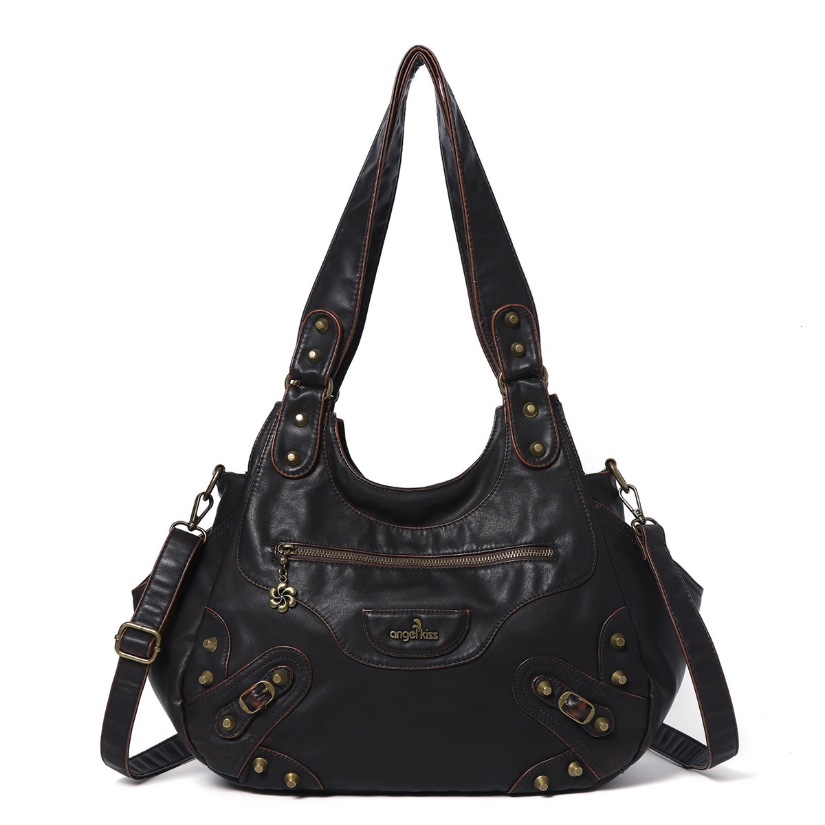 Women's fashion handbag PU casual rivet black Hobo crossbody bag shoulder bag