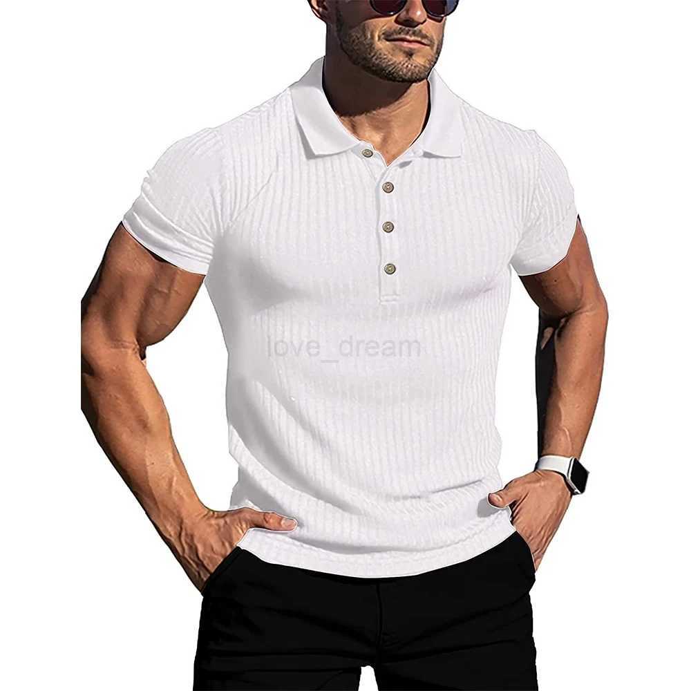 New Mens Elastic Short-sleeved Polo Shirt Mens Solid Color Striped Fitness Collar Mens Shirt Summer Anti-pillingXJ240920