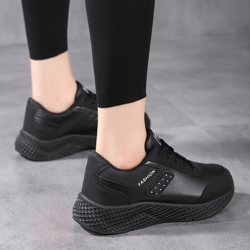 Casual Black Leather Sneakers: Women's Lace-Up Flats, Lightweight Hot & Comfortable Anti-Slip Outdoor Sports Shoes Sneakers: Flats, &