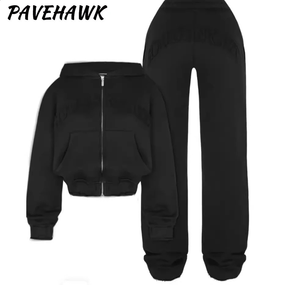 Women 2 Piece Sets Cropped Hoodies Sweatpant Casual Long Sleeve Zipper Jackets Print Hip Hop Sweatshirts Sport Y2K Tracksuit 240920