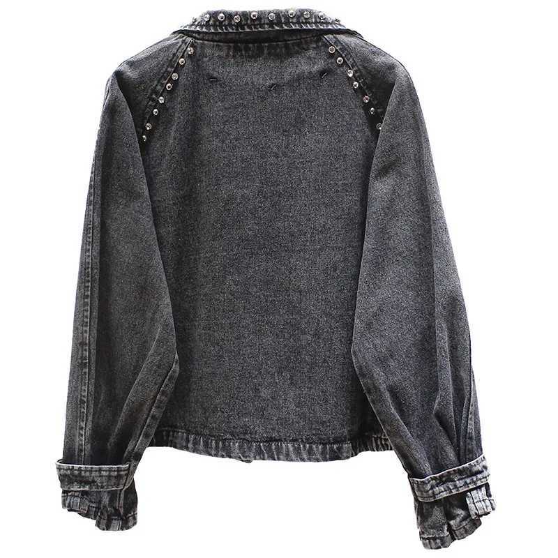 Vintage Black Denim Jacket Rivets Boyfriend Casual Jeans Outerwear Denim Coat Ladies Beads Loose Short High Street Jeans JacketsX240920