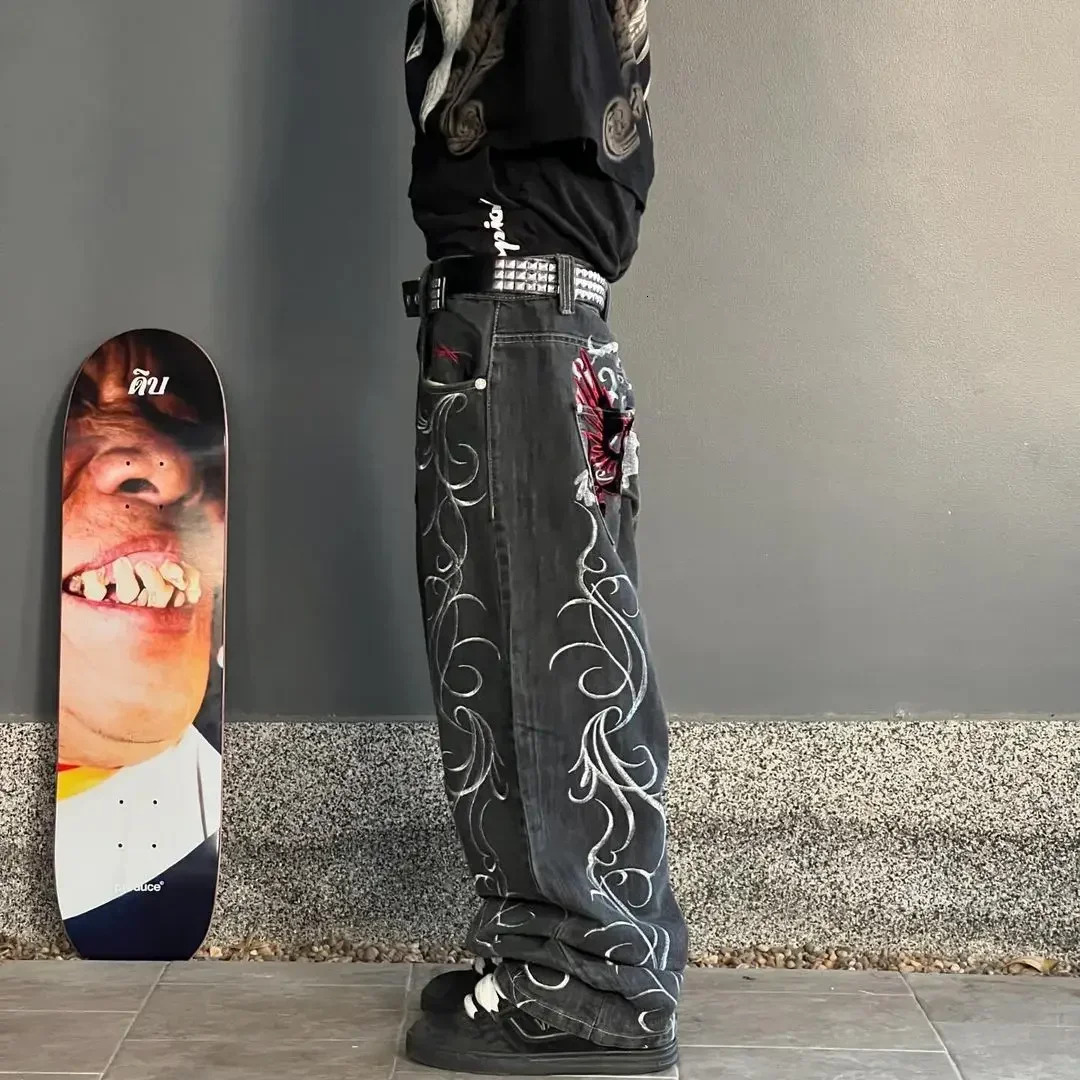 2026 Street Retro Hip Hop Casual Y k New Women s Haruku Fashion Embroidery Pattern Denim Trousers Straight Wide leg Pants Men