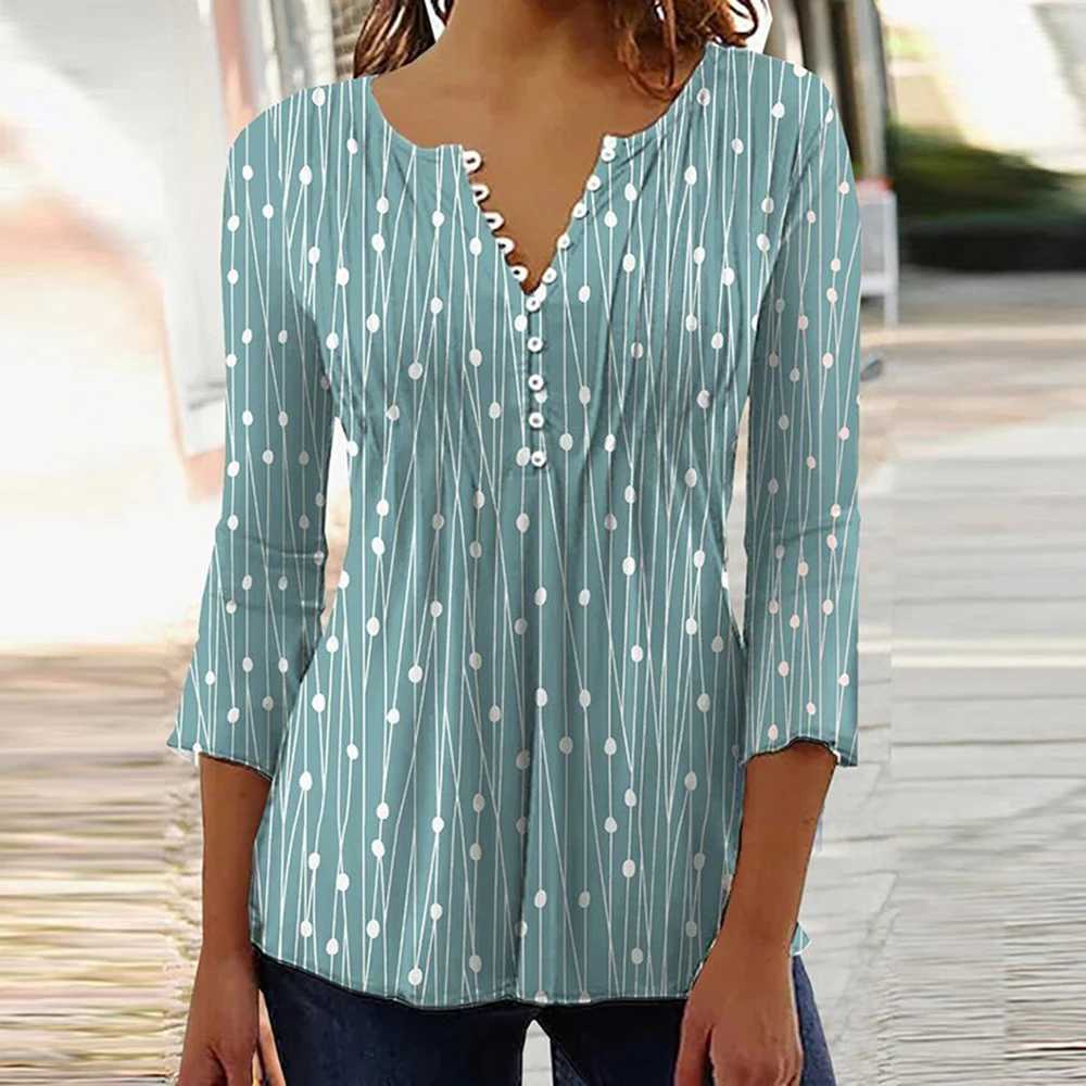 Trendy 3D Printed Shirts for Women Spring Summer 3/4 Sleeve V Neck Buttons Blouse Shirt Elegant Ladies Long Sleeve Tops M240920