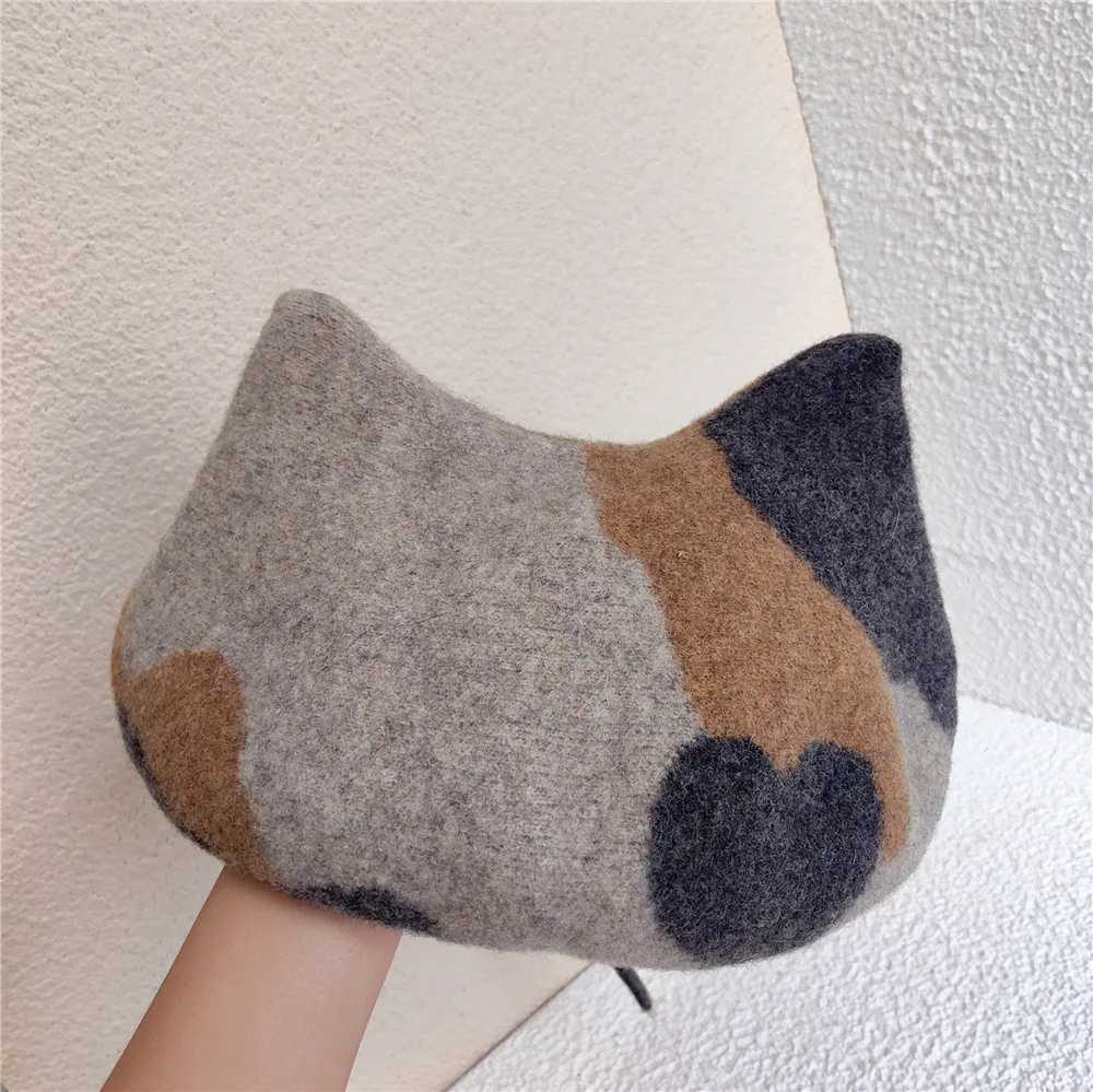 New Fashion Cute Girls Kawaii Cat Ear Beret Sweet Lolita Headwear Purple Beanies Hat Handmade Wool Felt Women Beret WholesaleX240919