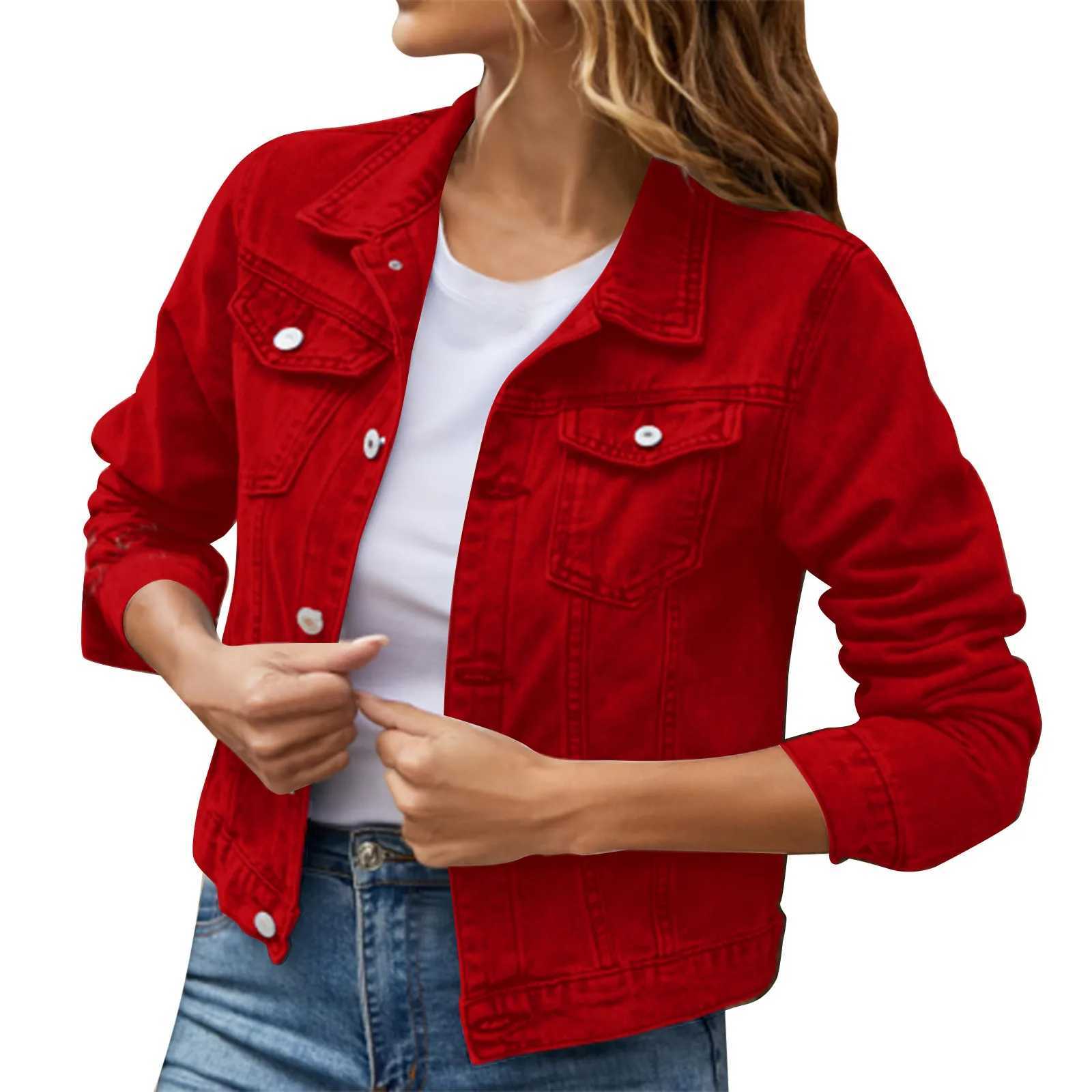 Womens Denim Jacket Coat Basic Solid Color Button Down Cotton Jackets Pockets Vintage Long Sleeve Vintage Casual Outerwear 2023X240920