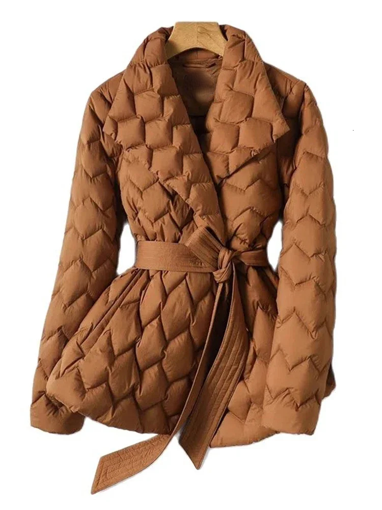 Winter New Lightweight Jacket With Women Elegant Tie Belt Long Cotton White Duck Down Parka Female Ladies Jackets Down Jacket