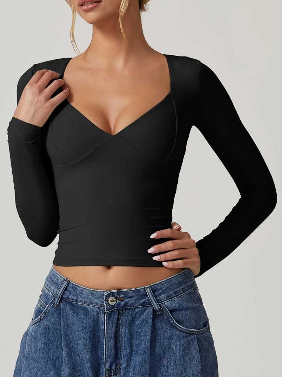 Women s Solid Color T-Shirts Long Sleeves Fit Sweetheart Neck Fall Casual Tops M240920