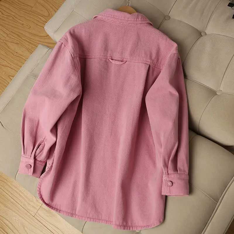 New Women Pink Jeans Jacket Oversized Korean Style Single Breasted Chic Denim Coats Spring Autumn Cowboy Jackets OutwearX240920