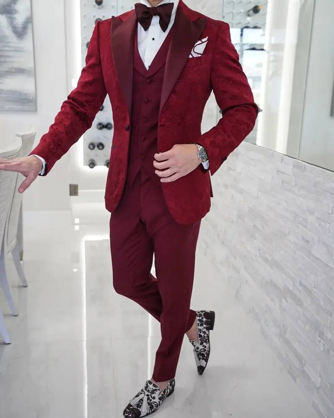 Fashion Wedding Suits Peaked Lapel Jacket 3 Piece Set Jacquard Men's Tuxedo Tailored Unique Designe Dinner Prom Groom Blazer Custom Made(Coat+Pan