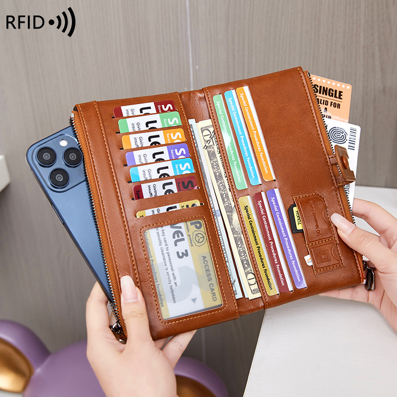2024 New Anti Magnetic Money Clip Oil Wax Leather Handheld Bag Multi functional Women's Long Wallet