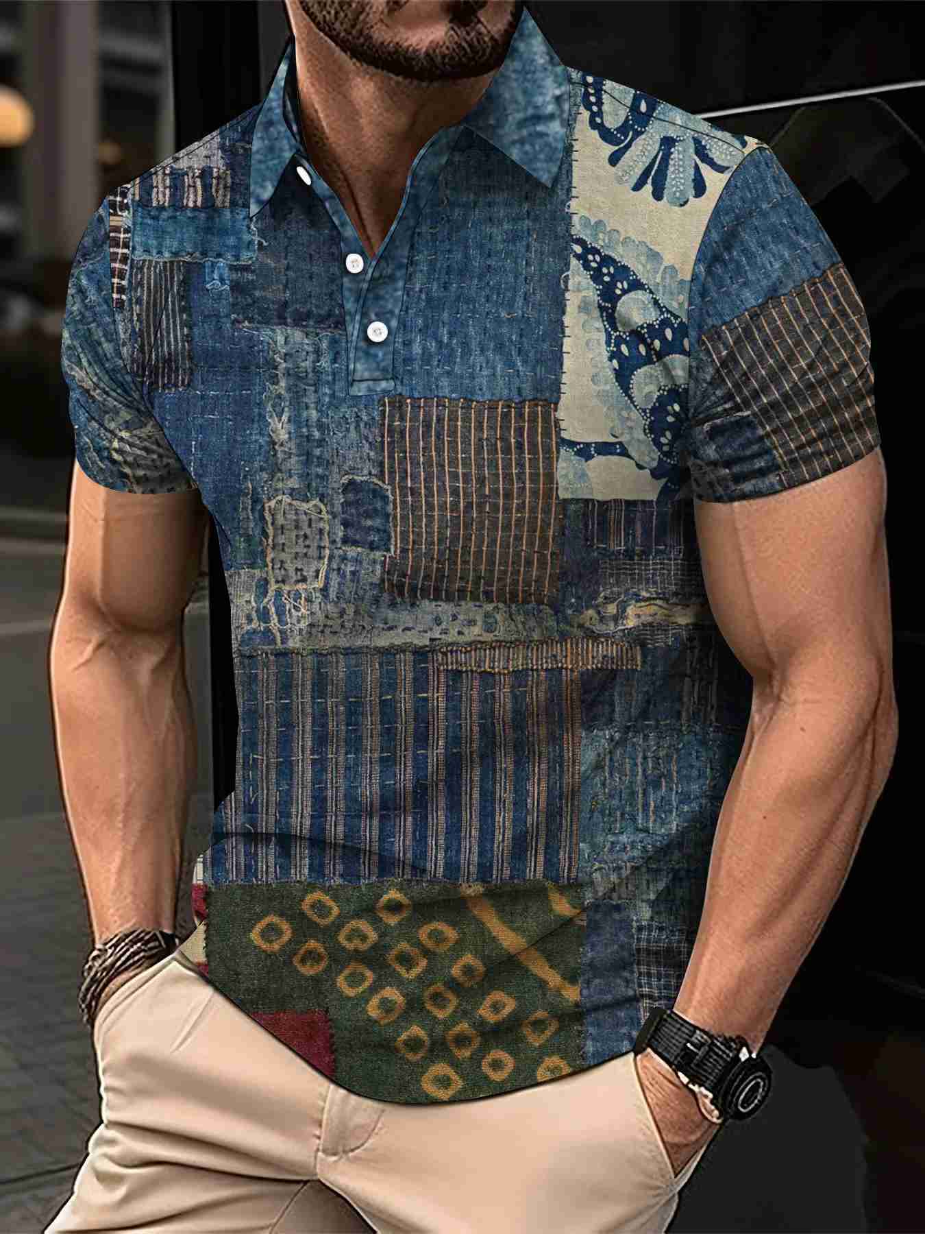 New Vintage Mens Polo Shirt 3D Fashion Patchwork Printing Shirts Casual Short-Sleeved Summer Streetwear Men Clothing Tees TopsXJ240920