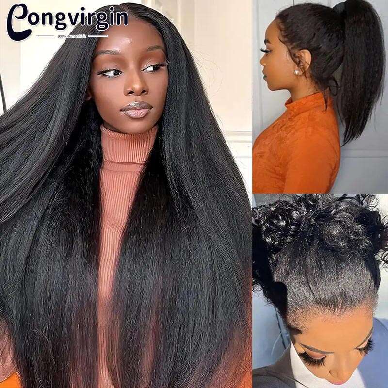 Kinky 360 Full HD Lace Frontal Wigs 250% Yaki Straight Human Hair Wig 30 38 Inches High Ponytail On Sale