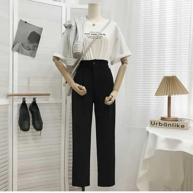 2026 Fashion Elastic High Waist Suit Pants Women Spring Casual Loose Straight Black Trouser Office Ladies Nine Points Streetwear
