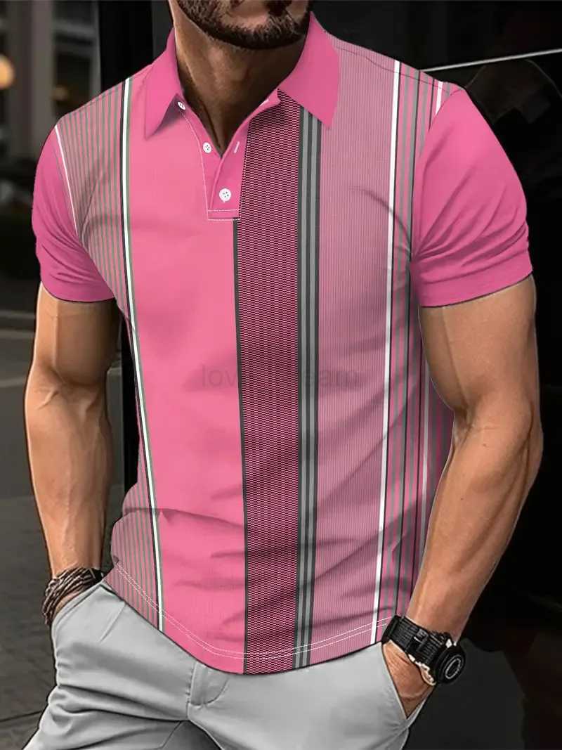 Mens Casual Fashion Summer Simplicity Short Sleeve 3D Printing Golf Polo Shirt Stripe Button Mens Short Sleeve Oversized TopsXJ240920
