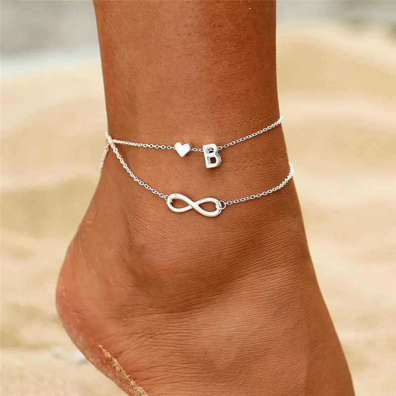 Boho Initial Anklet Heart Infinity Silver Color Ankle Bracelet on Leg Chain 26 Letter Anklets For Women Ankle Beach Foot Jewelry Y240920