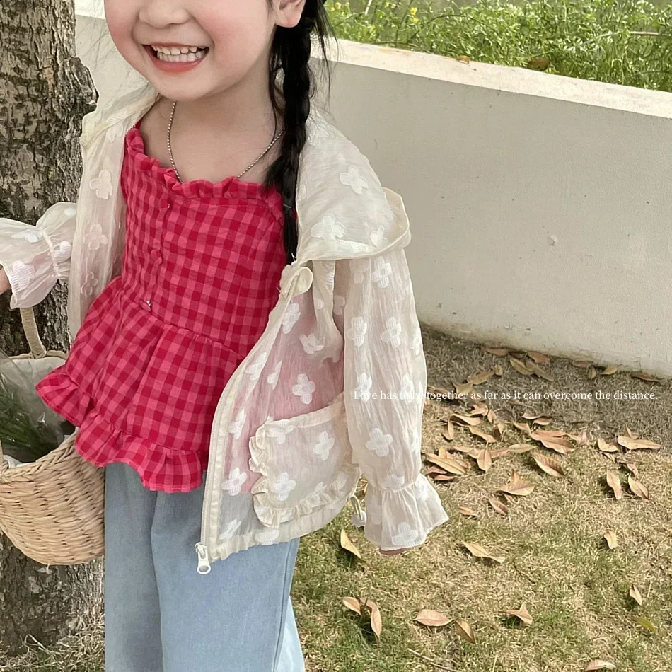Summer lightweight childrens sun suit top with floral embroidery cute girls coat brushed hooded zipper baby jacket 1-10 years 240918