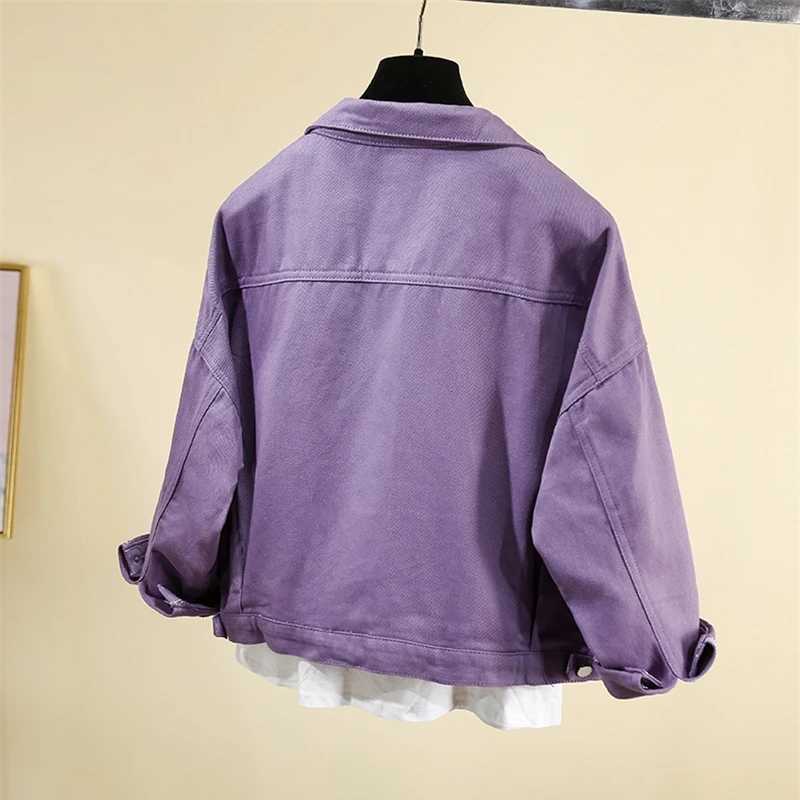2024 Spring Autumn Purple Denim Jackets Short Womens Coat Pockets Single Breasted Long Sleeve Loose Solid Female Outwear TrendX240920