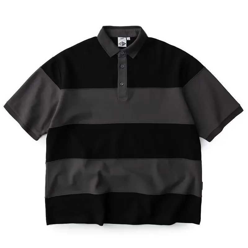 Paul Charcoal Grey Striped Polo Shirt Mens Lapel Elegant Simple Short Sleeves Vintage Color Blocking Half Sleeve Sport TopX240920