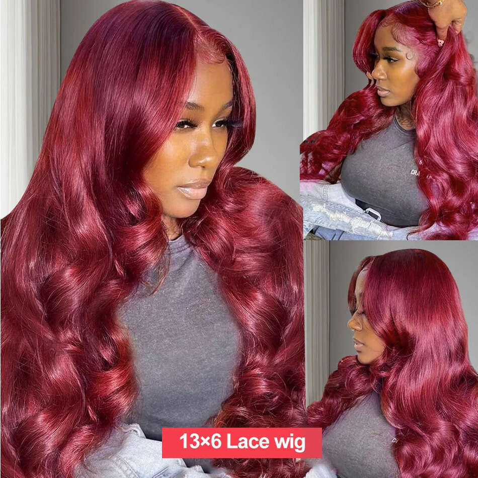 250 Density 99J Bury Body Wave HD 13x6 Frontal Wig 13x4 Human Hair 30 40 Inch Lace Front wig Wine Red Colored Brazilian