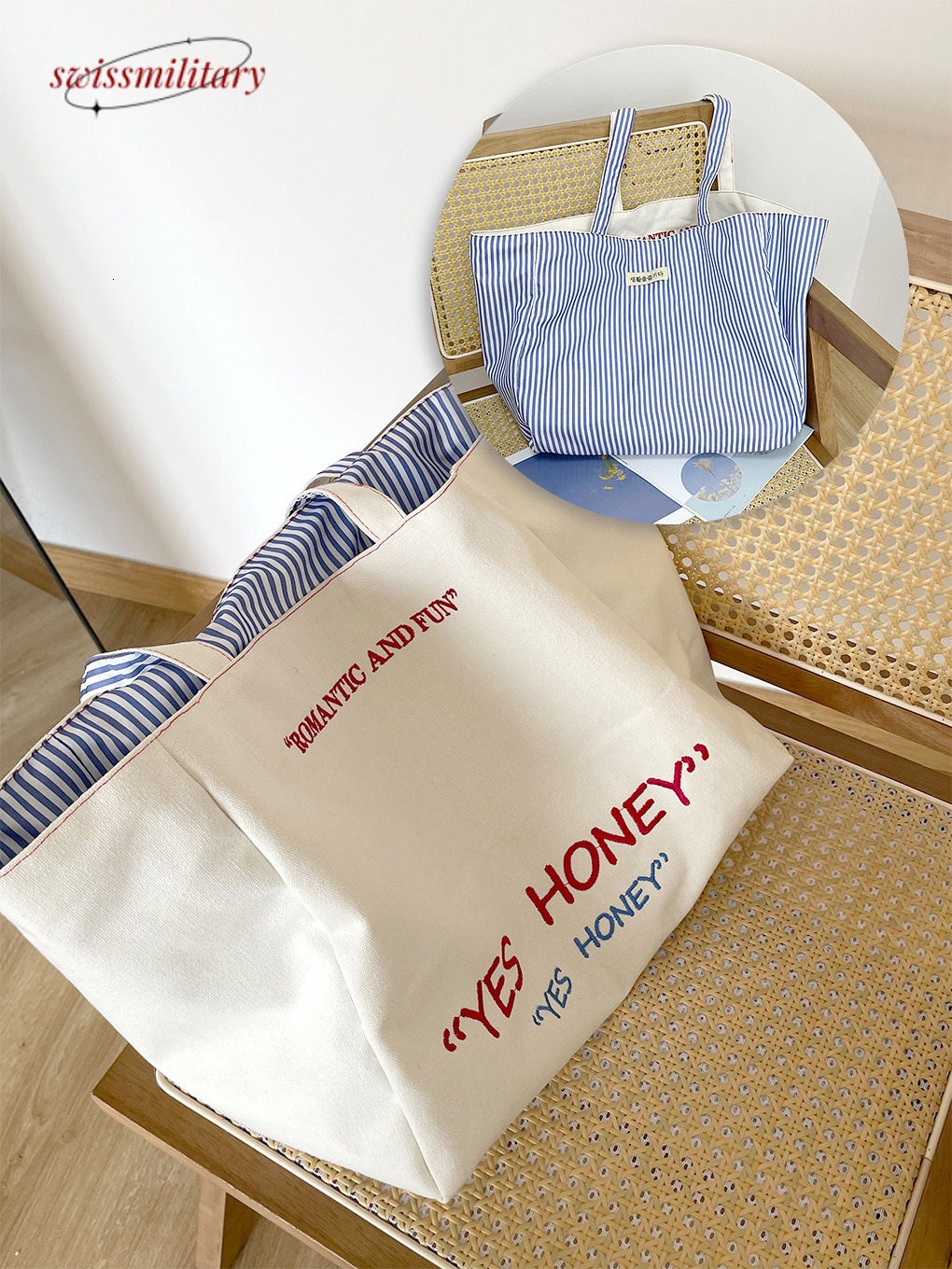 Large capacity Tote front and double-sided back stripe single shoulder with texture embroidery, college student canvas bag, female commuting bag #23 S