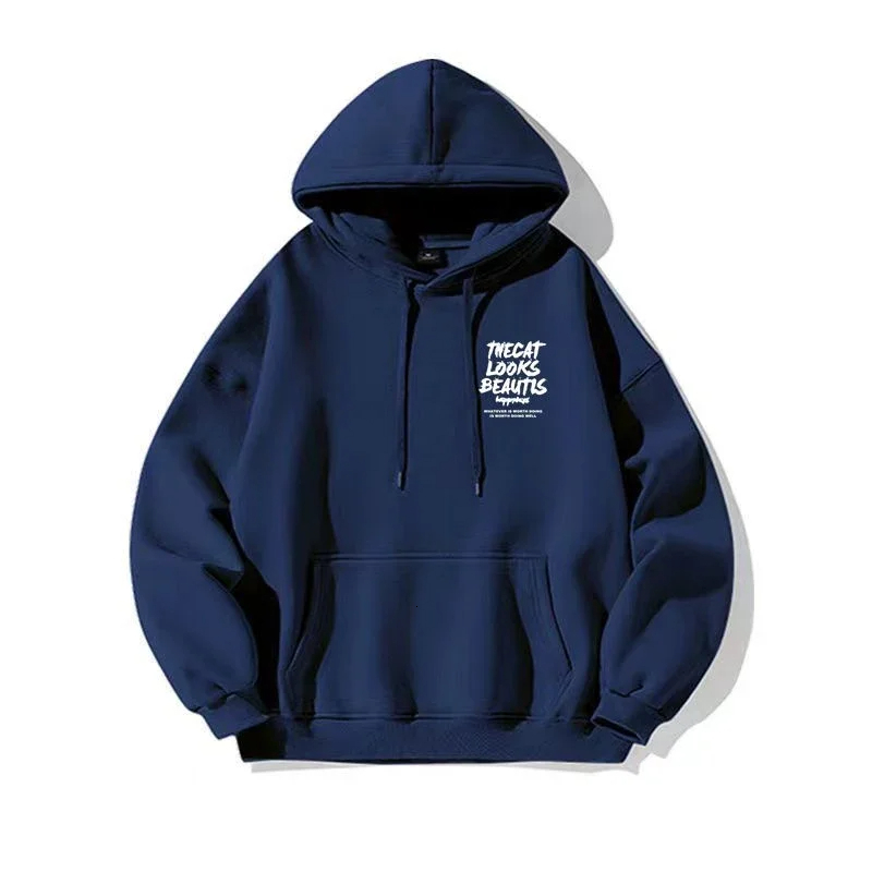 2024 Men's fashion casual long-sleeved hoodie Street hip hop hooded sweatshirt solid color printed coat